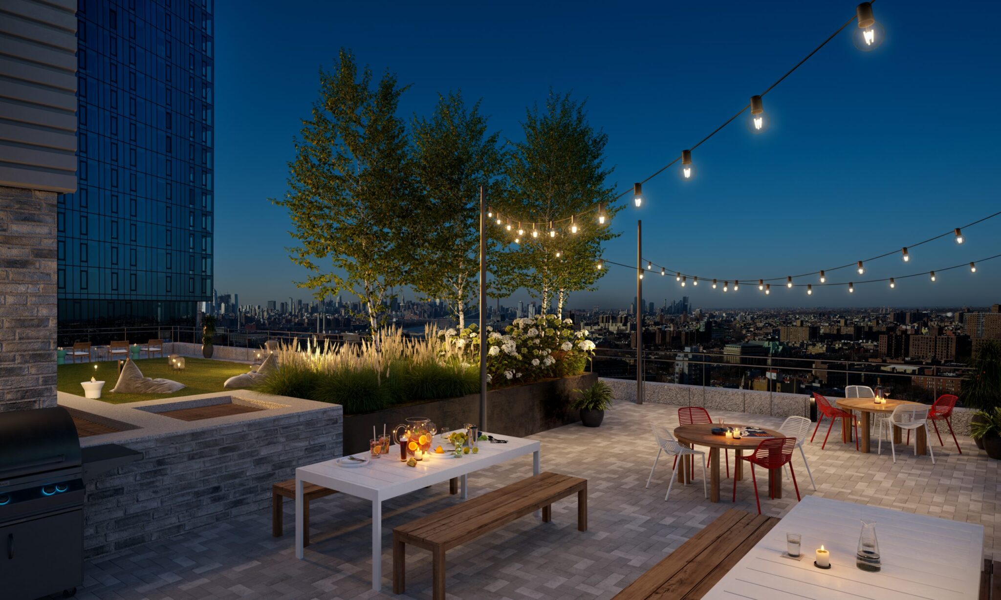Expansive views from the Plank Road rooftop dining and grilling area with landscaping