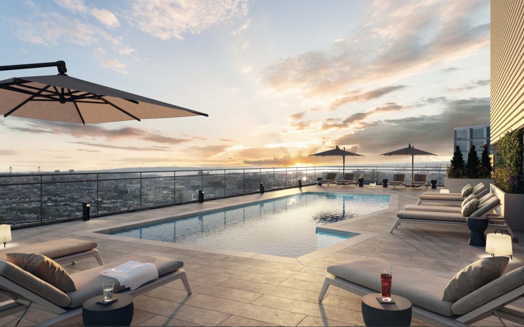 Rooftop pool at Plank Road with chaise lounges and beautiful view