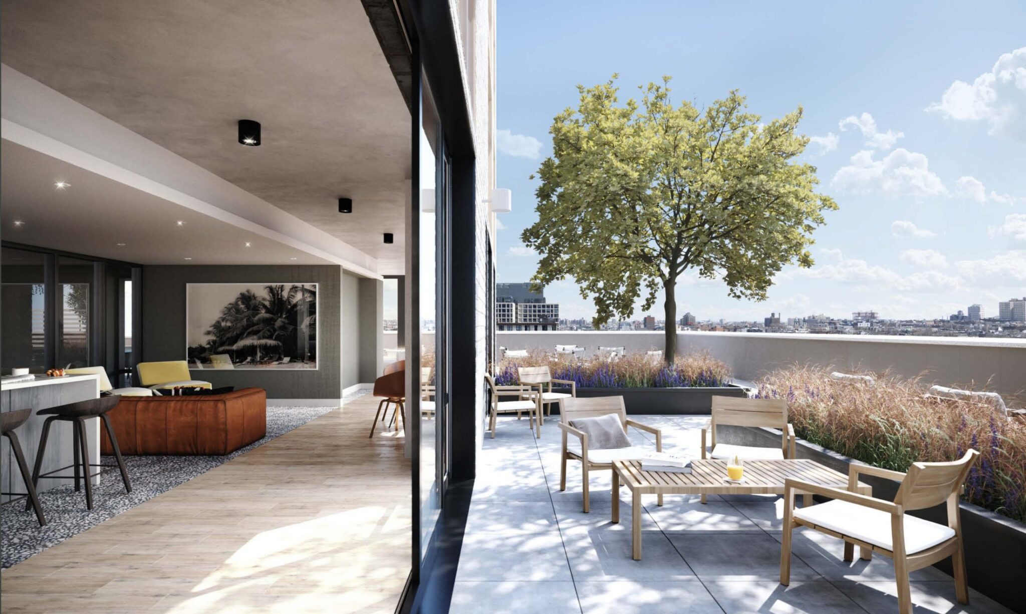 Vast indoor/outdoor terrace with seating at Plank Road in Prospect Heights