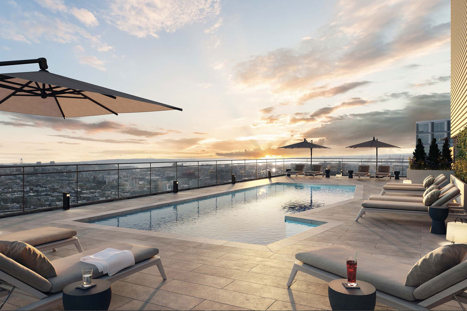 Rooftop pool at Plank Road with chaise lounges and beautiful view